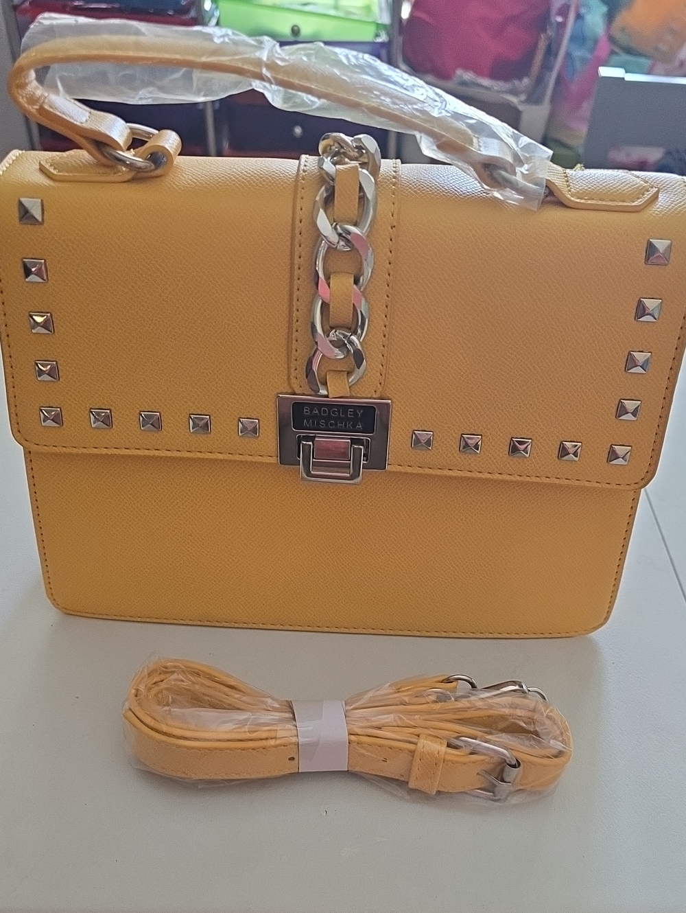 Badgley Mischka Yellow Studded Chain-Accent Satchel